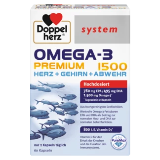 Illustration of the product packaging Doppelherz system OMEGA-3 PREMIUM 1500 front view